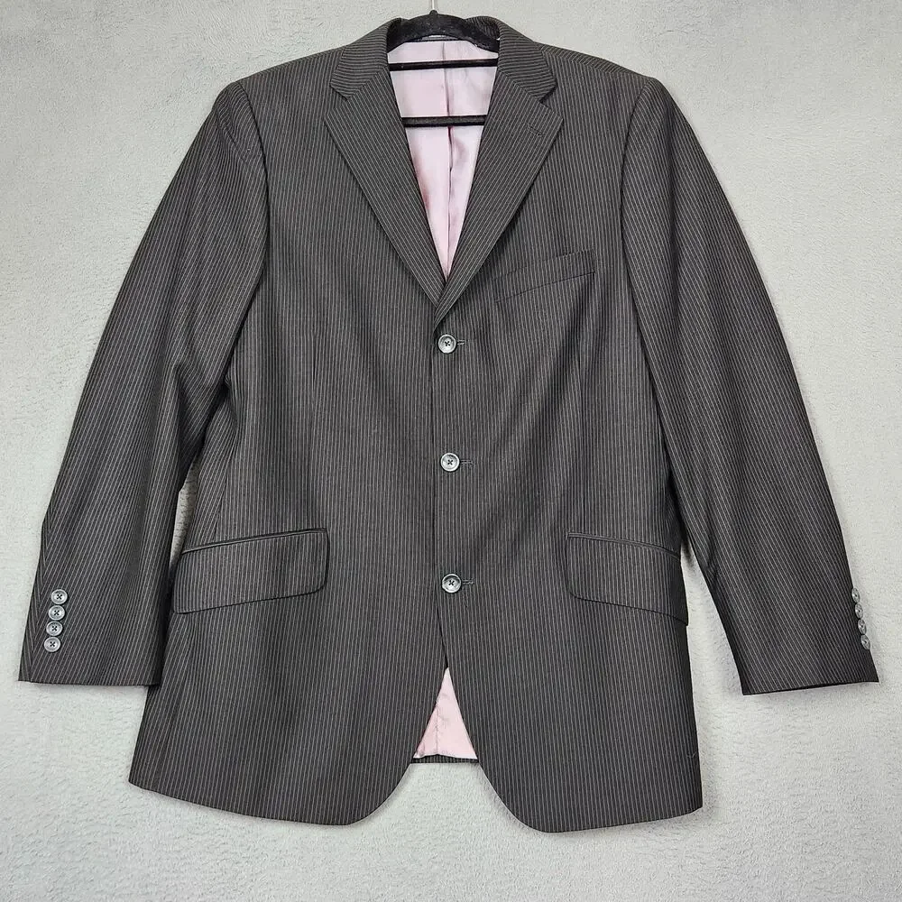Billy London Suit Jacket Mens 42R Black Pinstripe Polyester Rayon 4 Button